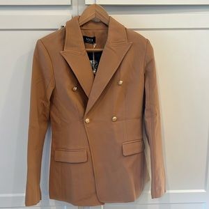 Tan blazer / polyester/ with gold buttons and matching trousers